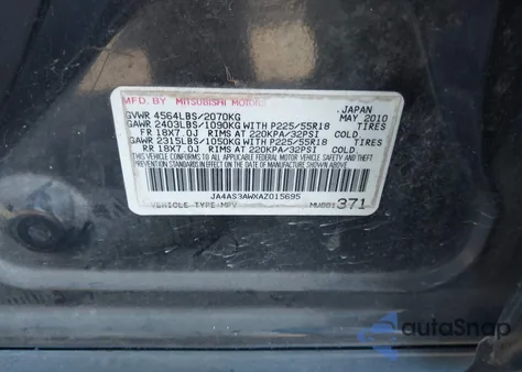 2010 Mitsubishi Outlander Se from USA, damaged, VIN JA4AS3AWXAZ015695